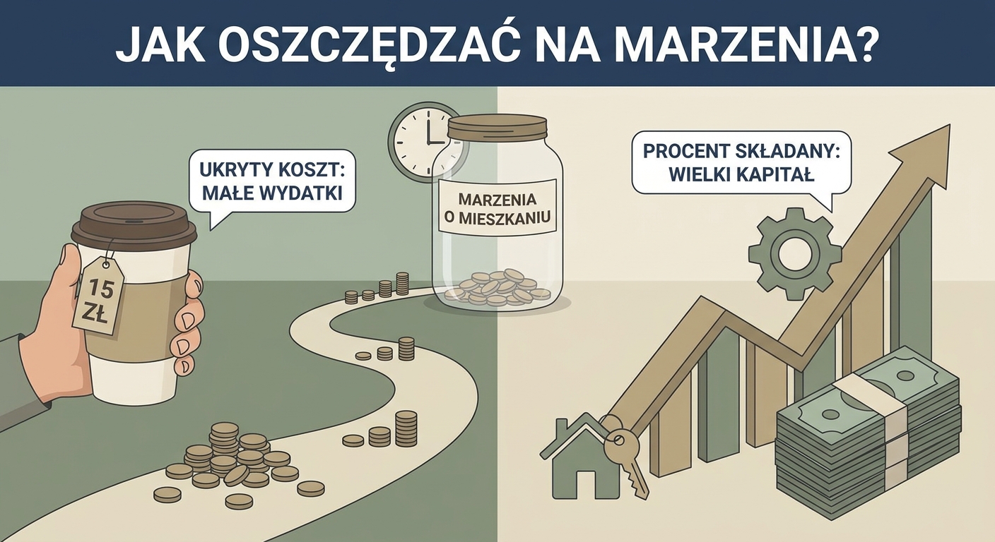 Rozsypane monety obok filiżanki kawy na drewnianym stole, symbolizujące małe, codzienne wydatki.