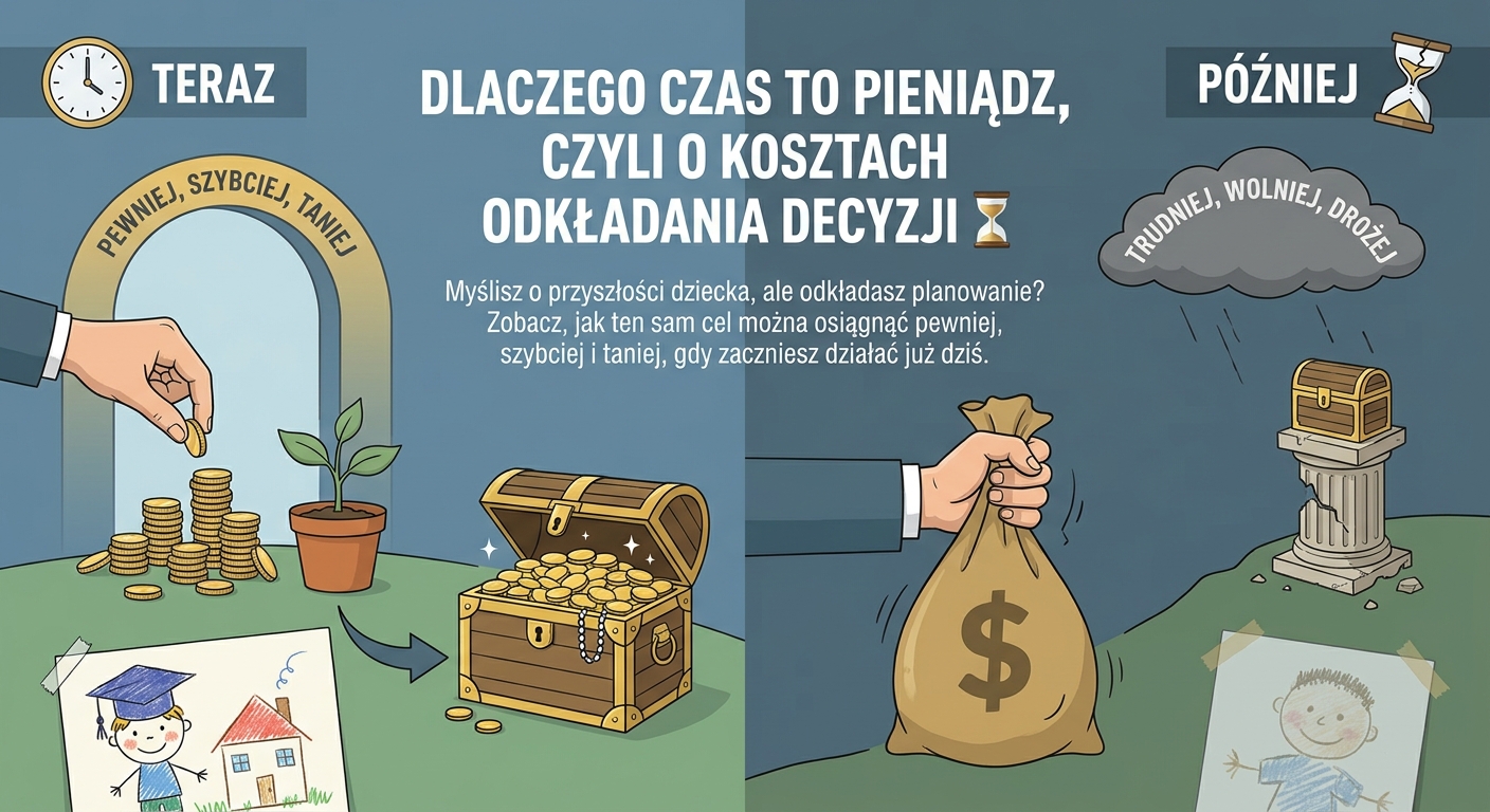 Symboliczna klepsydra, w której zamiast piasku przesypują się monety, na tle dyplomu ukończenia studiów.
