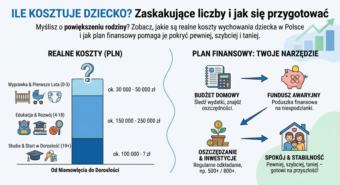 Rodzice z małym dzieckiem patrzą na tablet z wykresem planu finansowego, symbolizującym planowanie kosztów wychowania dziecka.