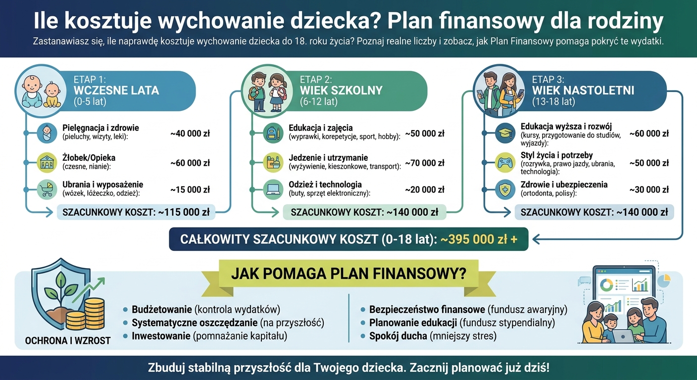 Szczęśliwa rodzina z dzieckiem przeglądająca plan finansowy na tablecie, w tle skarbonka w kształcie świnki.