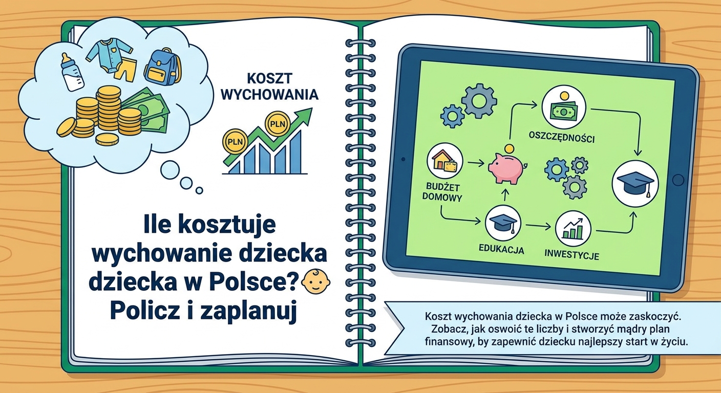 Rodzice z małym dzieckiem patrzą na tablet, na którym widać wykresy planu finansowego.