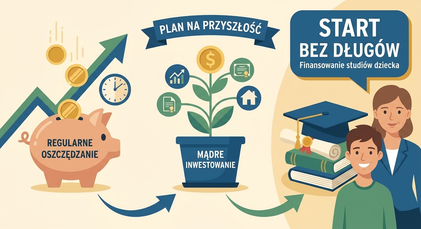 Rodzice z dzieckiem patrzący na dyplom ukończenia studiów, symbolizujący dobrze zaplanowaną przyszłość finansową.