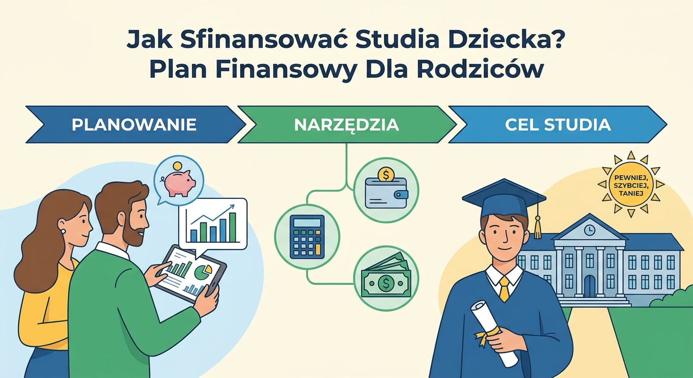 Absolwent w todze rzucający biretem w powietrze, w tle wykres finansowy rosnący w górę.