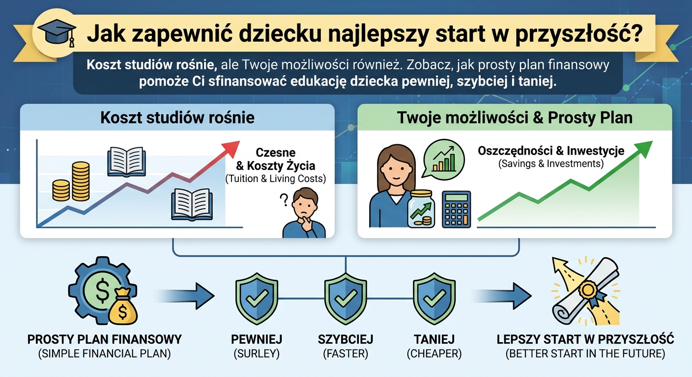 Rodzice z dzieckiem patrzący w przyszłość, w tle symboliczne schody prowadzące do dyplomu ukończenia studiów.