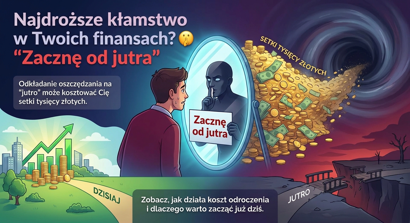 Klepsydra, w której zamiast piasku przesypują się monety, symbolizująca utratę pieniędzy z upływem czasu.