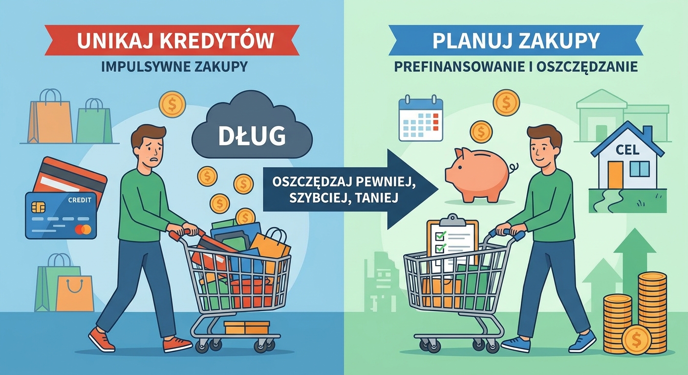 Dwie drogi: jedna prosta i słoneczna z napisem Planowanie, druga kręta i burzowa z napisem Kredyt