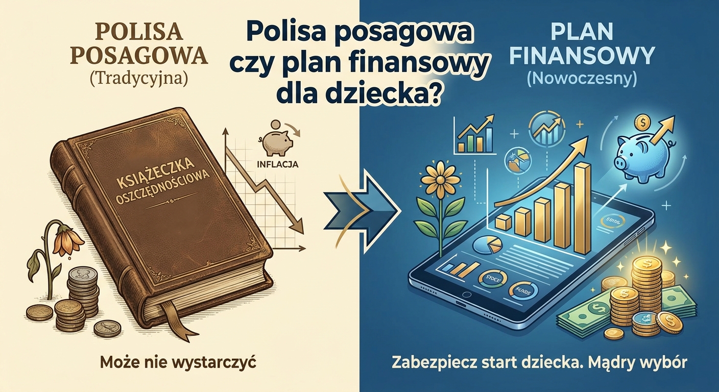 Rodzice z dzieckiem patrzą na rosnący wykres symbolizujący mądre oszczędzanie na przyszłość