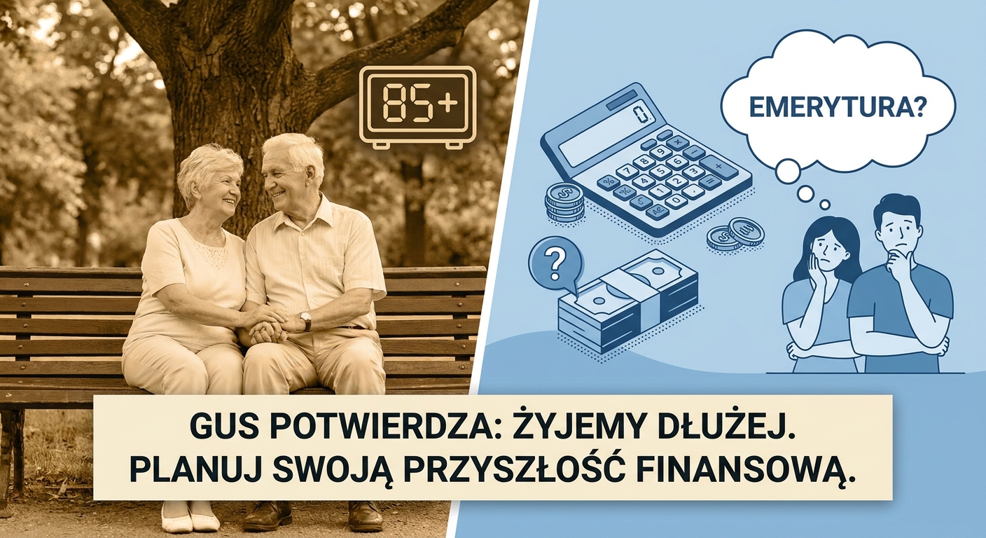 Wykres rosnącej średniej długości życia na tle monet i banknotów symbolizujących koszty.