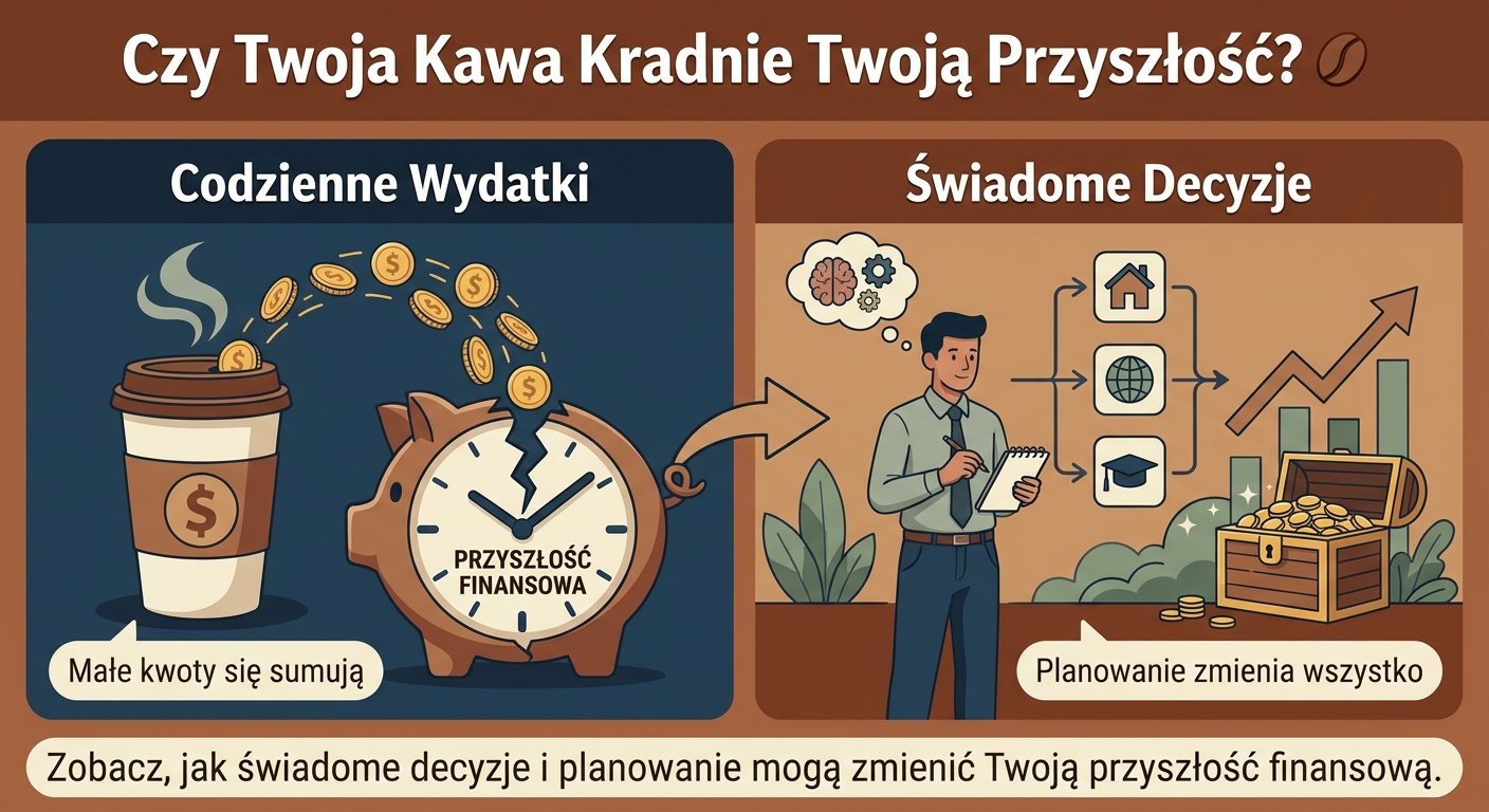 Osoba patrząca na paragon z kawiarni i jednocześnie na wykres rosnących oszczędności na laptopie.