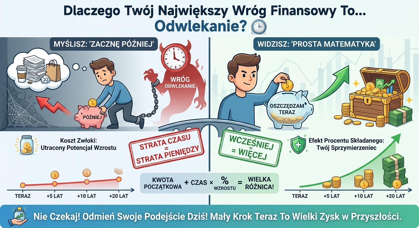 Klepsydra, w której zamiast piasku przesypują się monety, symbolizująca stratę pieniędzy w czasie.