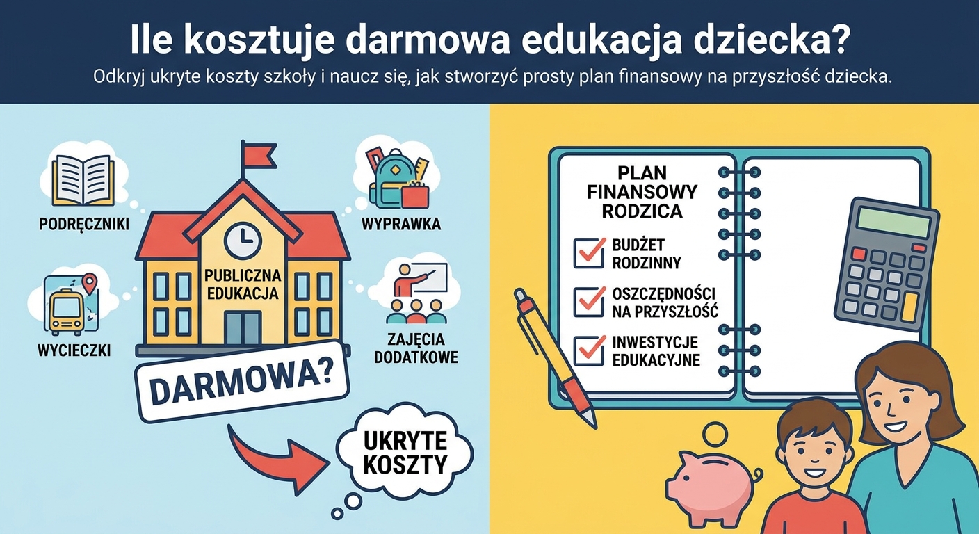 Rodzice z dzieckiem przeglądający plan finansowy na laptopie, w tle materiały szkolne