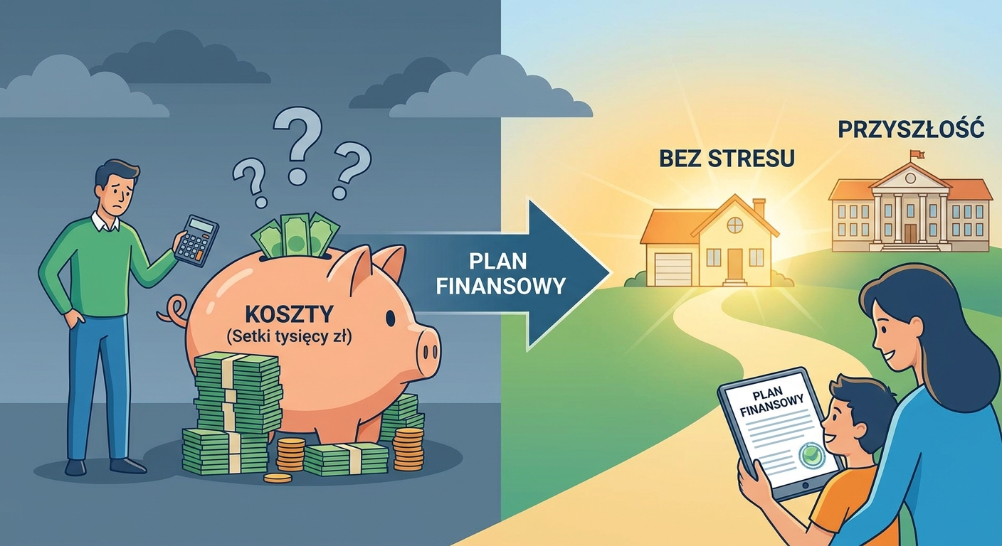 Szczęśliwa rodzina z dzieckiem przeglądająca plan finansowy na tablecie