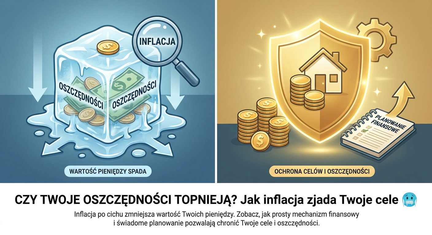 Monety topniejące jak lód, symbolizujące utratę wartości pieniądza przez inflację.