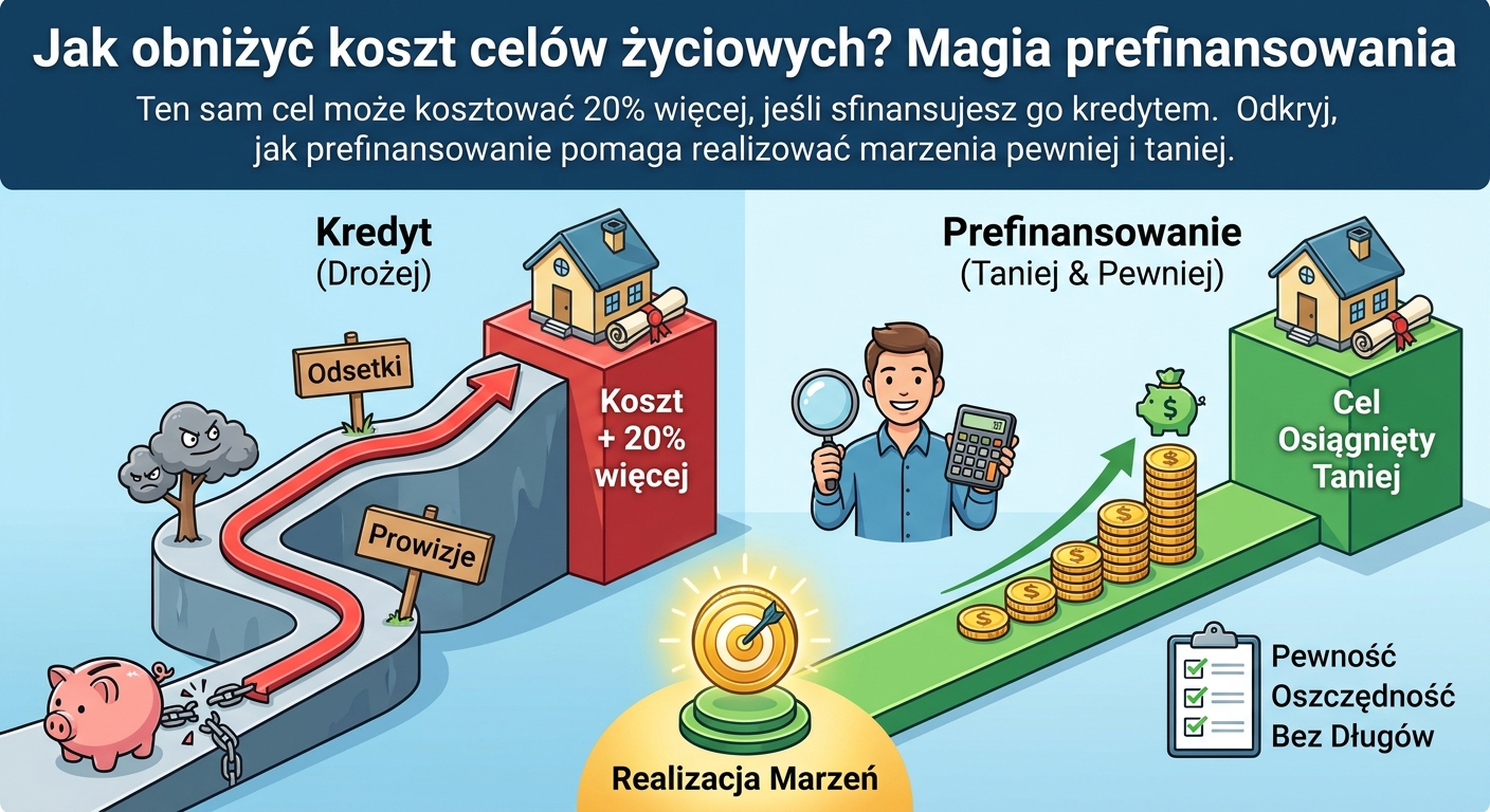 Osoba przesuwająca monety ze stosu 'koszt kredytu' do stosu 'oszczędności', symbolizując prefinansowanie