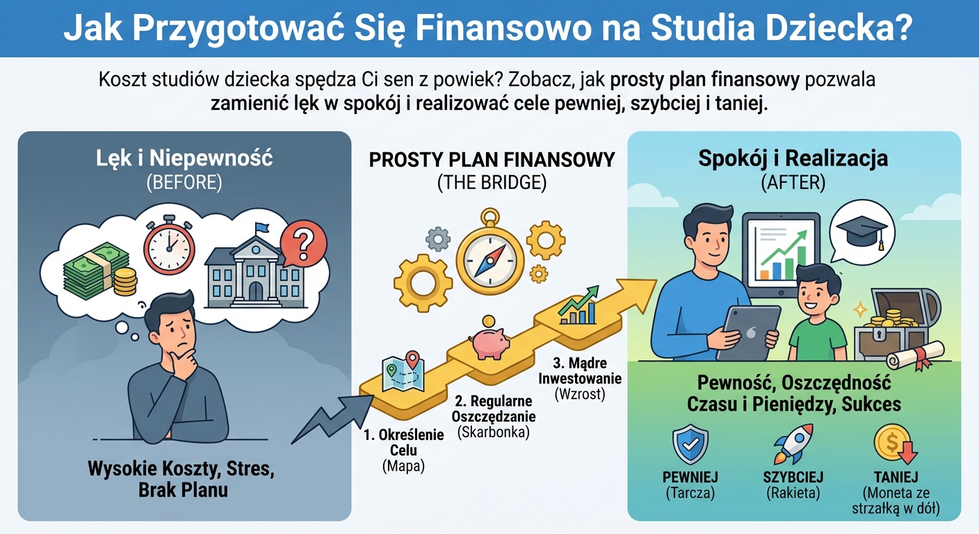 Rodzice z dzieckiem patrzący z nadzieją w przyszłość, w tle symboliczna czapka absolwenta