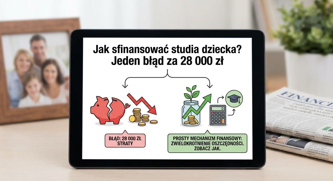 Rodzice z małym dzieckiem patrzą na rosnący wykres finansowy symbolizujący oszczędności na studia