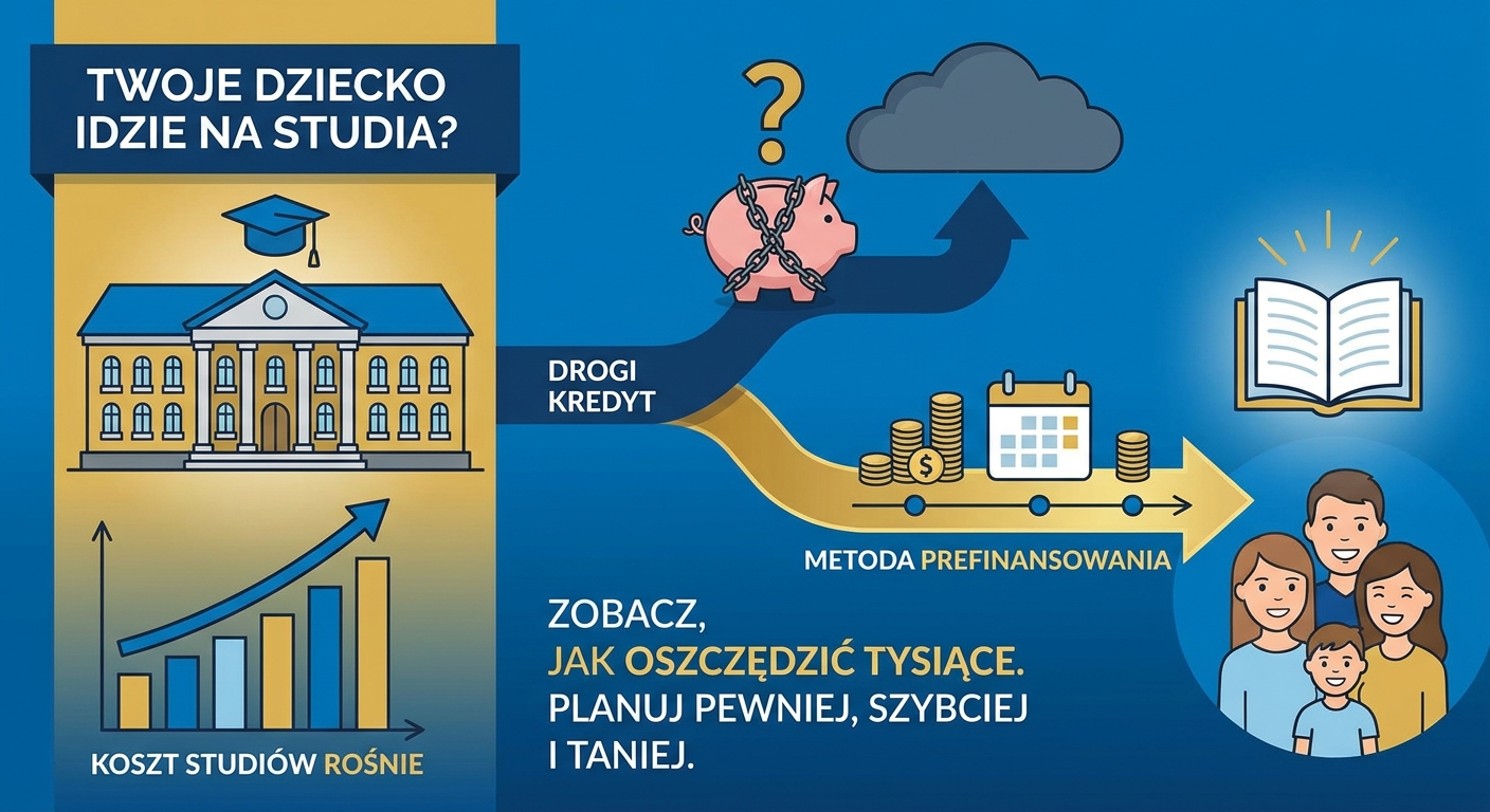 Absolwent rzucający biretem w powietrze z rodzicami w tle, symbol udanej inwestycji w edukację dziecka.