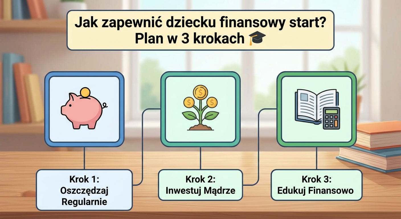 Rodzice z małym dzieckiem patrzą na rosnący wykres symbolizujący oszczędności na przyszłość.
