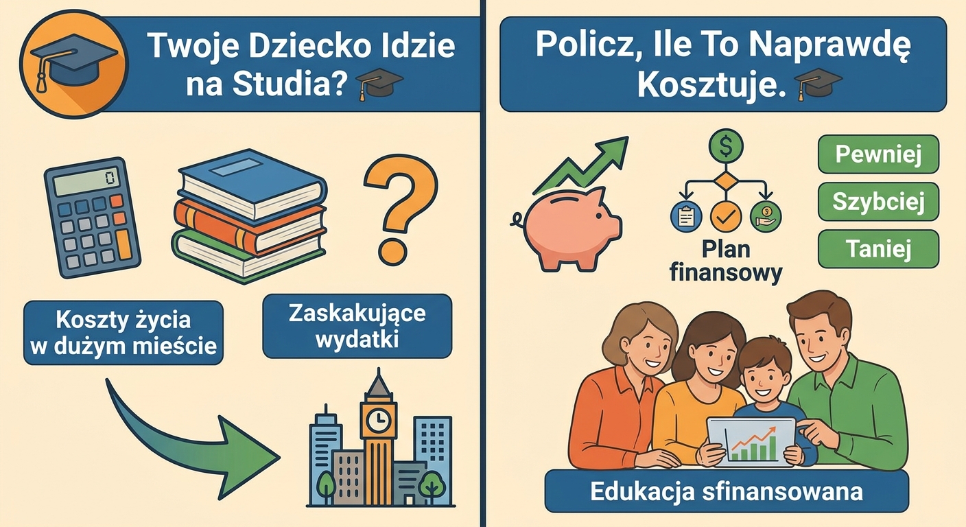 Student w todze na tle uniwersytetu, obok symboli finansowych jak skarbonka i wykres wzrostu.