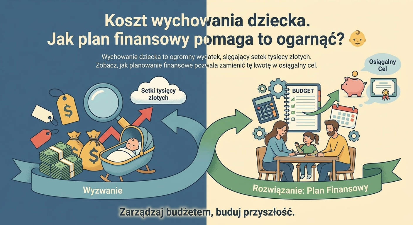 Rodzice z małym dzieckiem patrzący na tablet z wykresem planu finansowego.