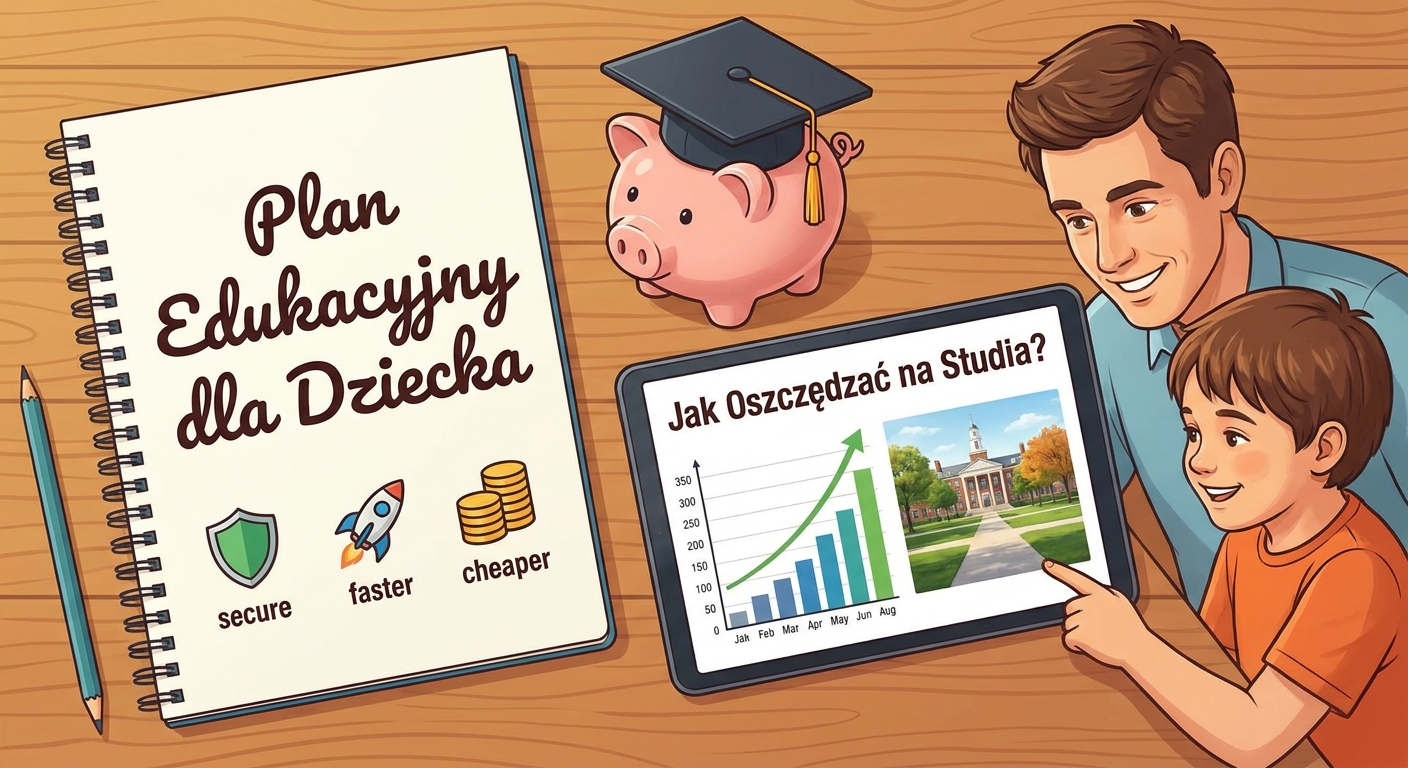 Absolwent w todze i birecie rzuca czapką w powietrze na tle kampusu uniwersyteckiego