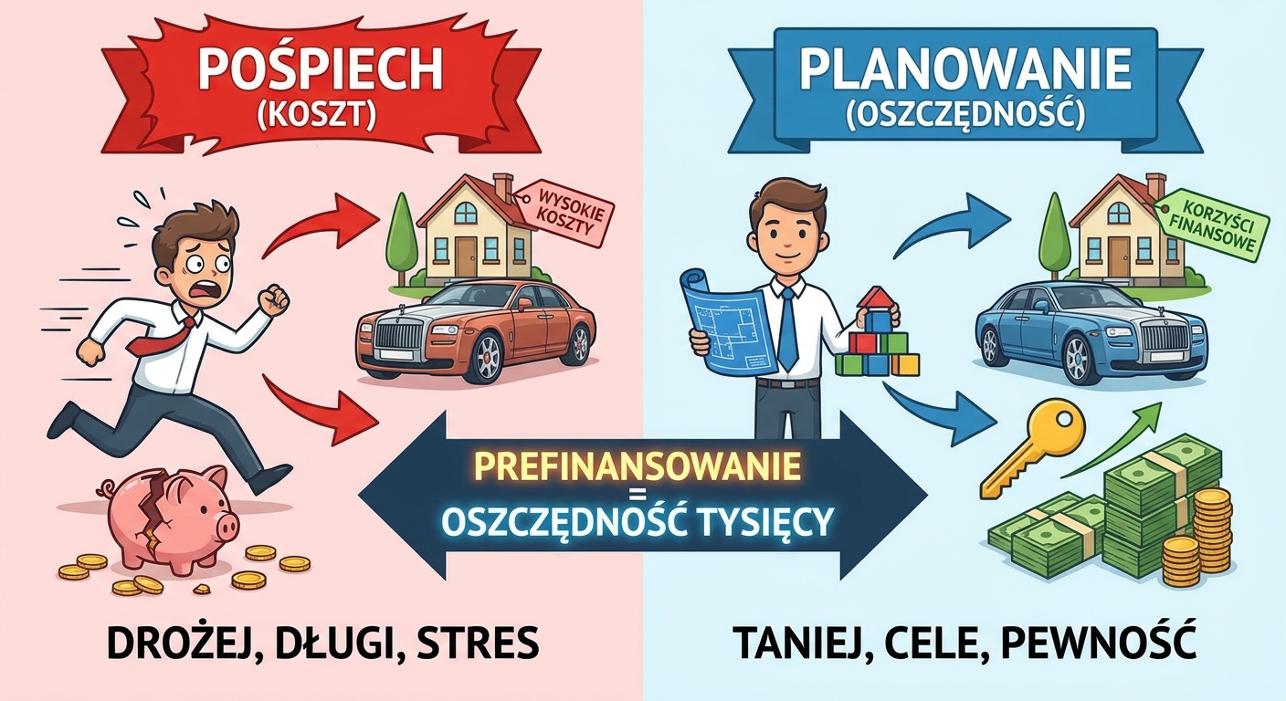Dwie drogi prowadzące do samochodu - jedna prosta i słoneczna symbolizująca planowanie, druga kręta i burzowa symbolizująca pośpiech i kredyt