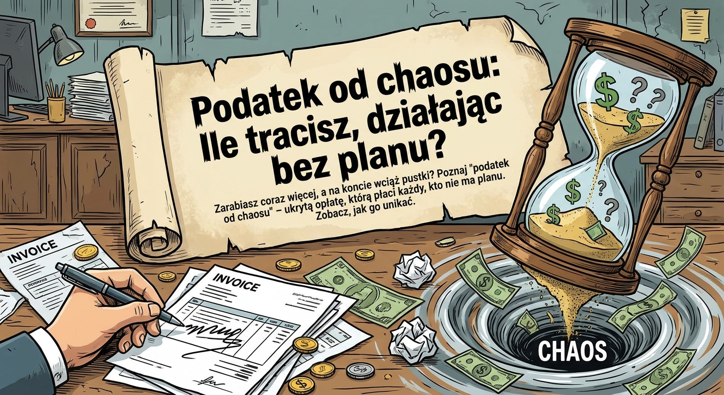 Symboliczna ilustracja 'podatku od chaosu': monety wypadające z dziurawego portfela, a w tle uporządkowany wykres finansowy.