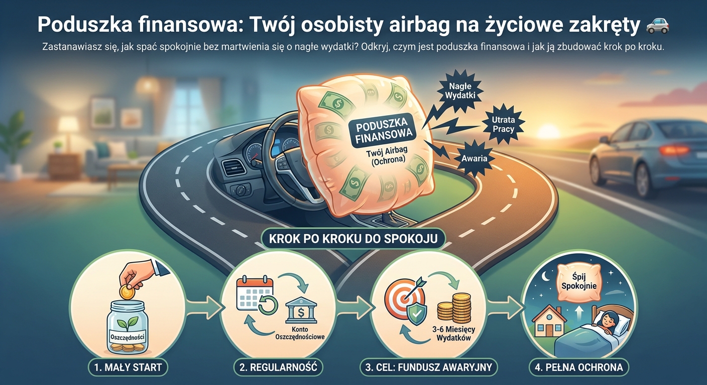 Symboliczna poduszka wykonana z banknotów, leżąca obok kluczyków do samochodu i apteczki, symbolizuje bezpieczeństwo finansowe.