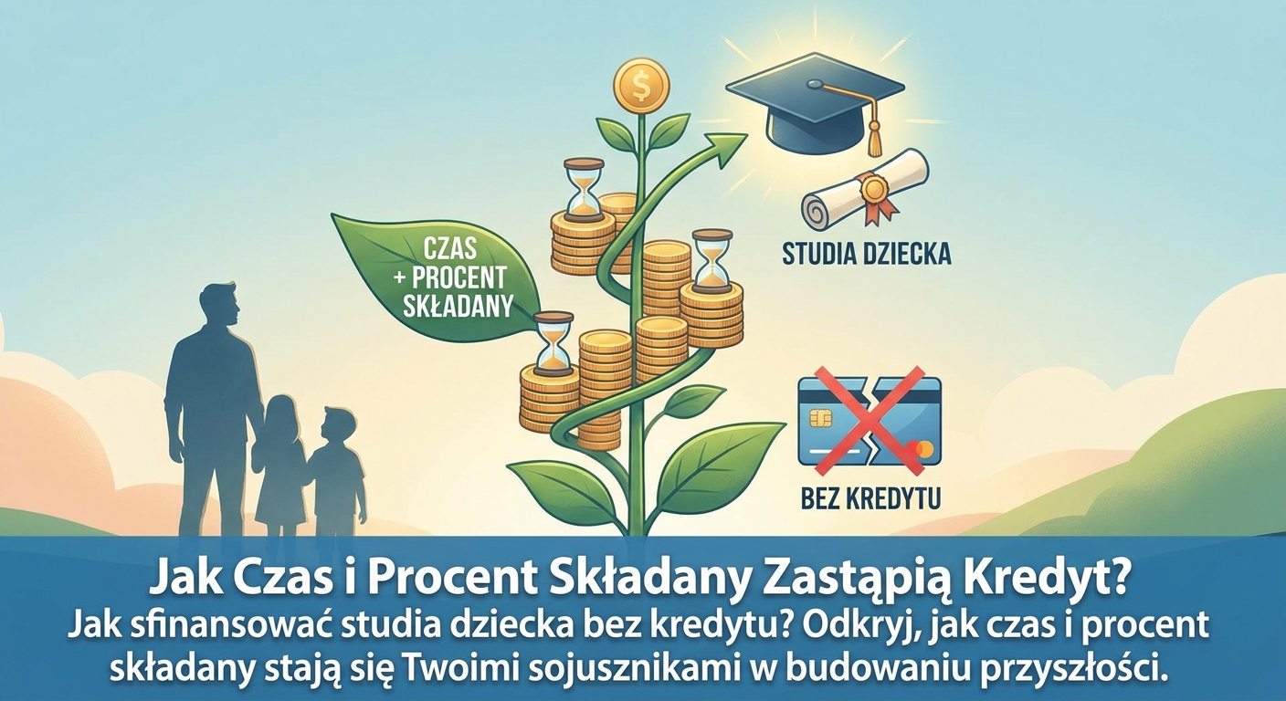 Symboliczna skarbonka w kształcie czapki absolwenta, obok której rośnie mała roślina symbolizująca wzrost kapitału na edukację dziecka