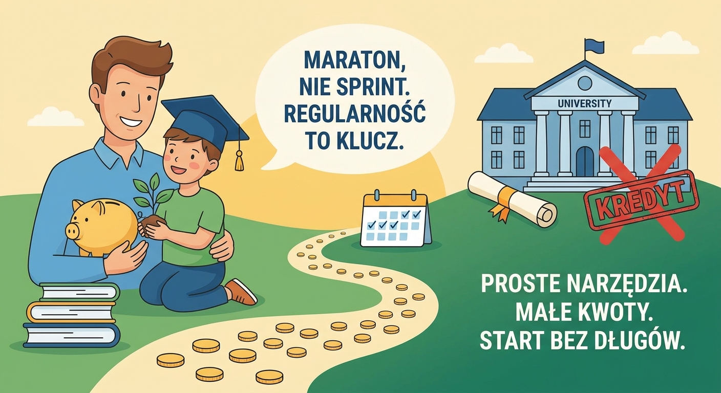 Absolwent rzucający biretem w powietrze, w tle słońce symbolizujące świetlaną przyszłość finansową.