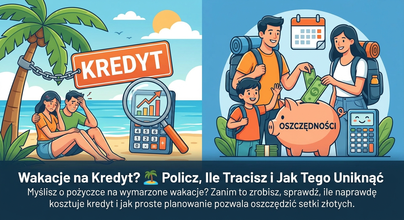 Symboliczna grafika przedstawiająca skarbonkę na tle rajskiej plaży oraz kalkulator symbolizujący planowanie finansowe.