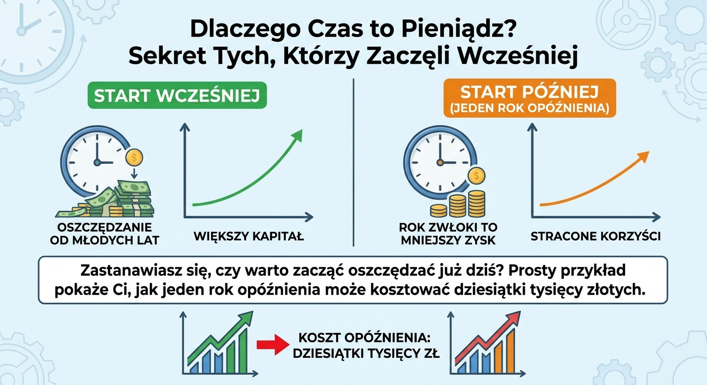 Wykres pokazujący różnicę w zyskach z wczesnego i późnego rozpoczęcia inwestowania
