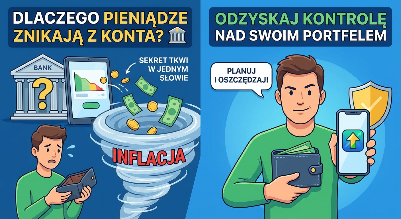 Osoba zmartwiona patrząca na pusty portfel, w tle wykresy finansowe.