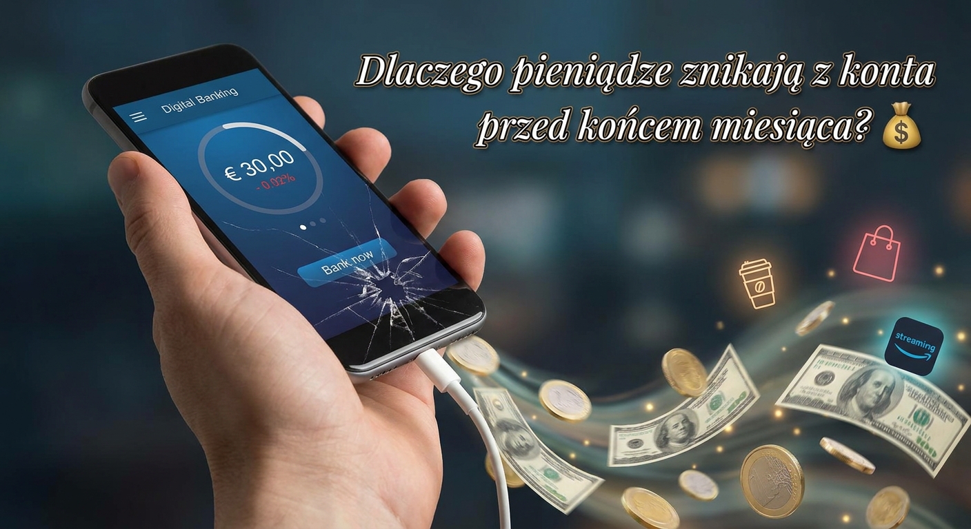 Smutny portfel z którego wylatują banknoty, w tle wykres finansowy.