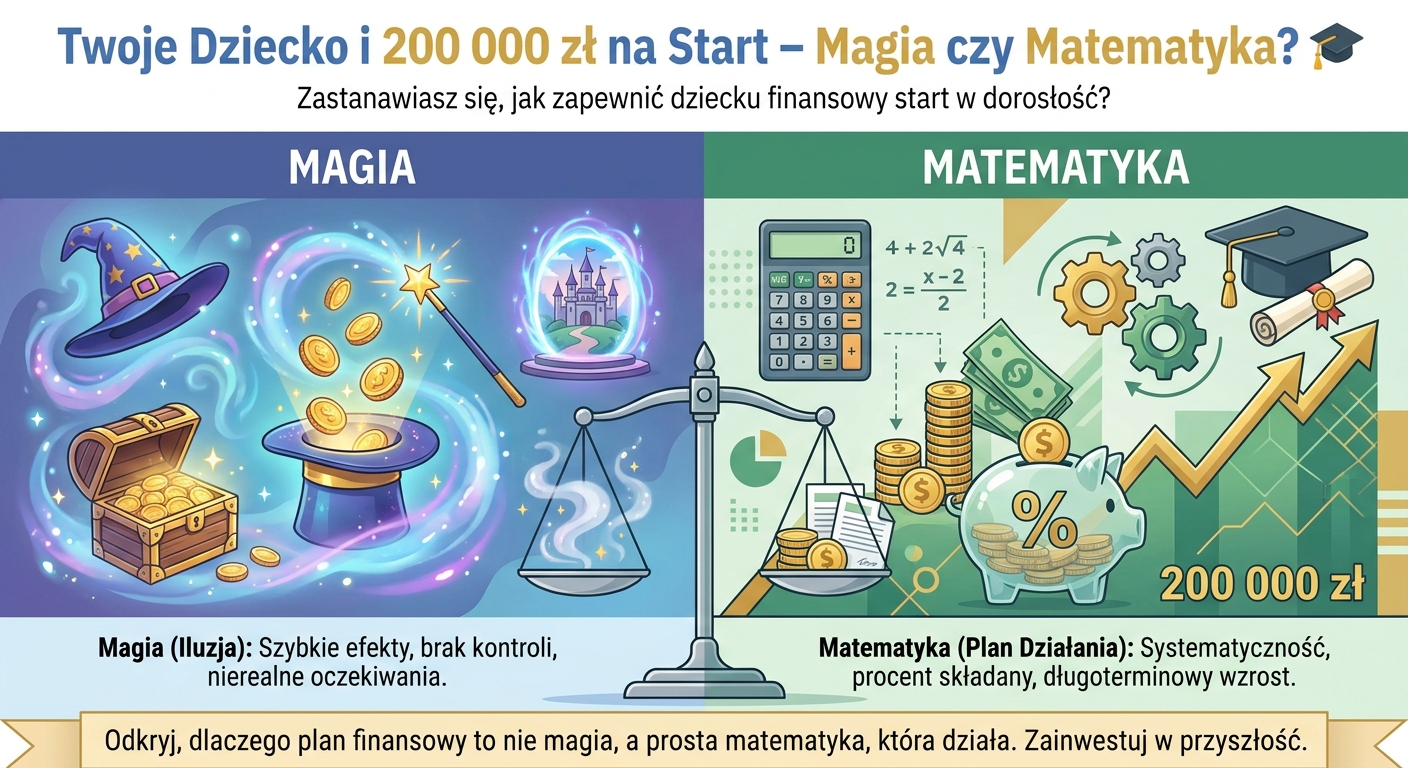 Rodzice z dzieckiem patrzą na rosnący wykres finansowy na tablecie, symbolizujący planowanie przyszłości.