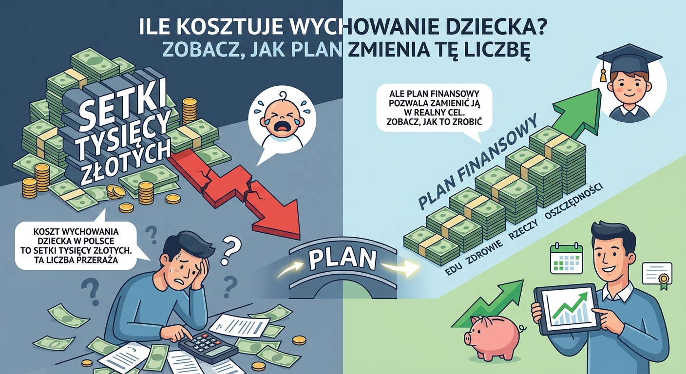 Rodzice z małym dzieckiem patrzą na tablet, na którym widać wykresy planu finansowego na przyszłość.