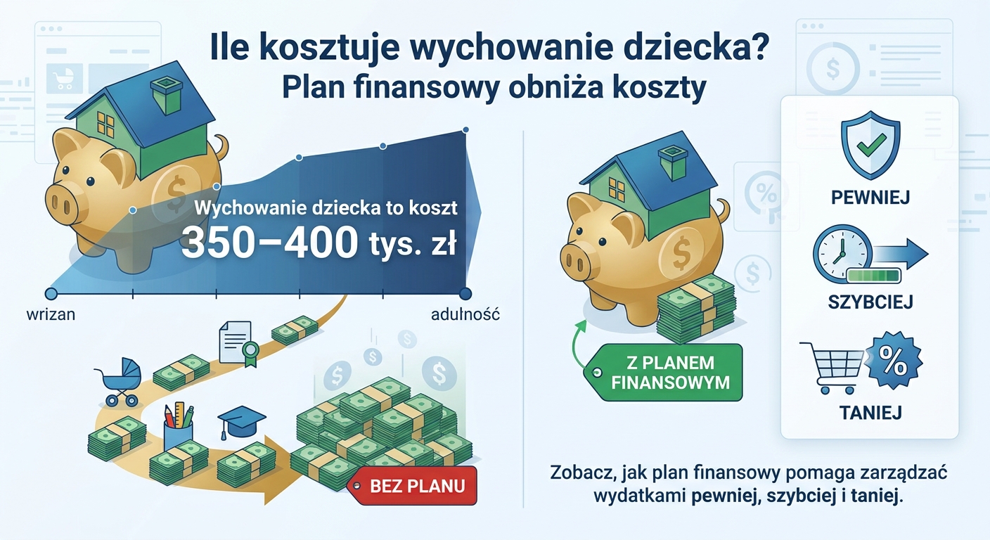 Rodzice z małym dzieckiem patrzą na tablet, na którym wyświetlany jest wykres planu finansowego.