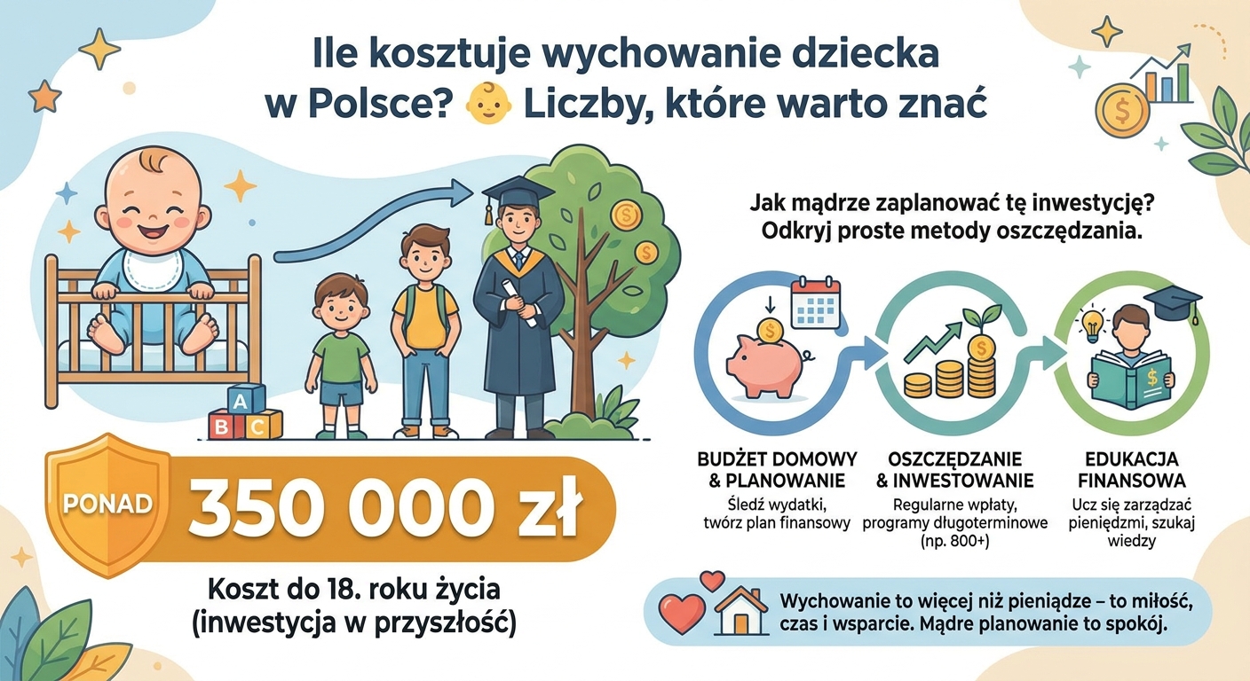 Rodzice z małym dzieckiem patrzą z nadzieją w przyszłość, a w tle widać graficzną reprezentację rosnącego planu finansowego na edukację.