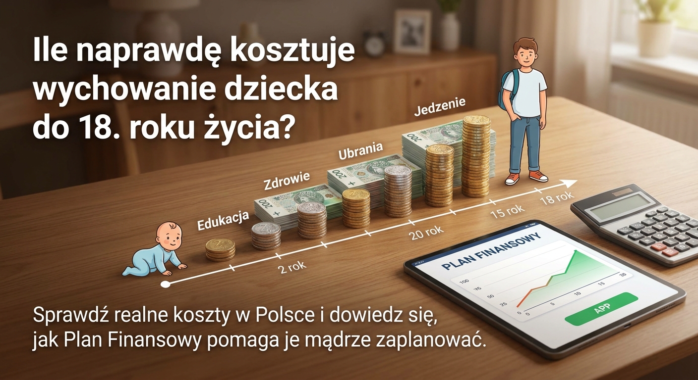 Szczęśliwi rodzice z małym dzieckiem patrzą na tablet z wykresem finansowym, planując przyszłość.