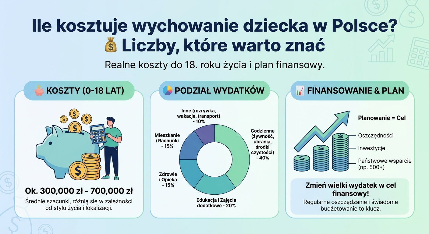 Skarbonka w kształcie świnki obok dziecięcych zabawek i kalkulatora, symbolizująca planowanie kosztów wychowania dziecka.
