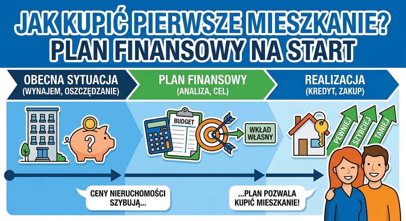 Młoda para z kluczami do nowego mieszkania, w tle laptop z kalkulatorem finansowym