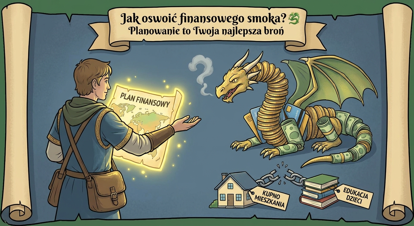 Ilustracja przedstawiająca osobę trzymającą tarczę i miecz przed symbolicznym smokiem zrobionym z monet i banknotów.