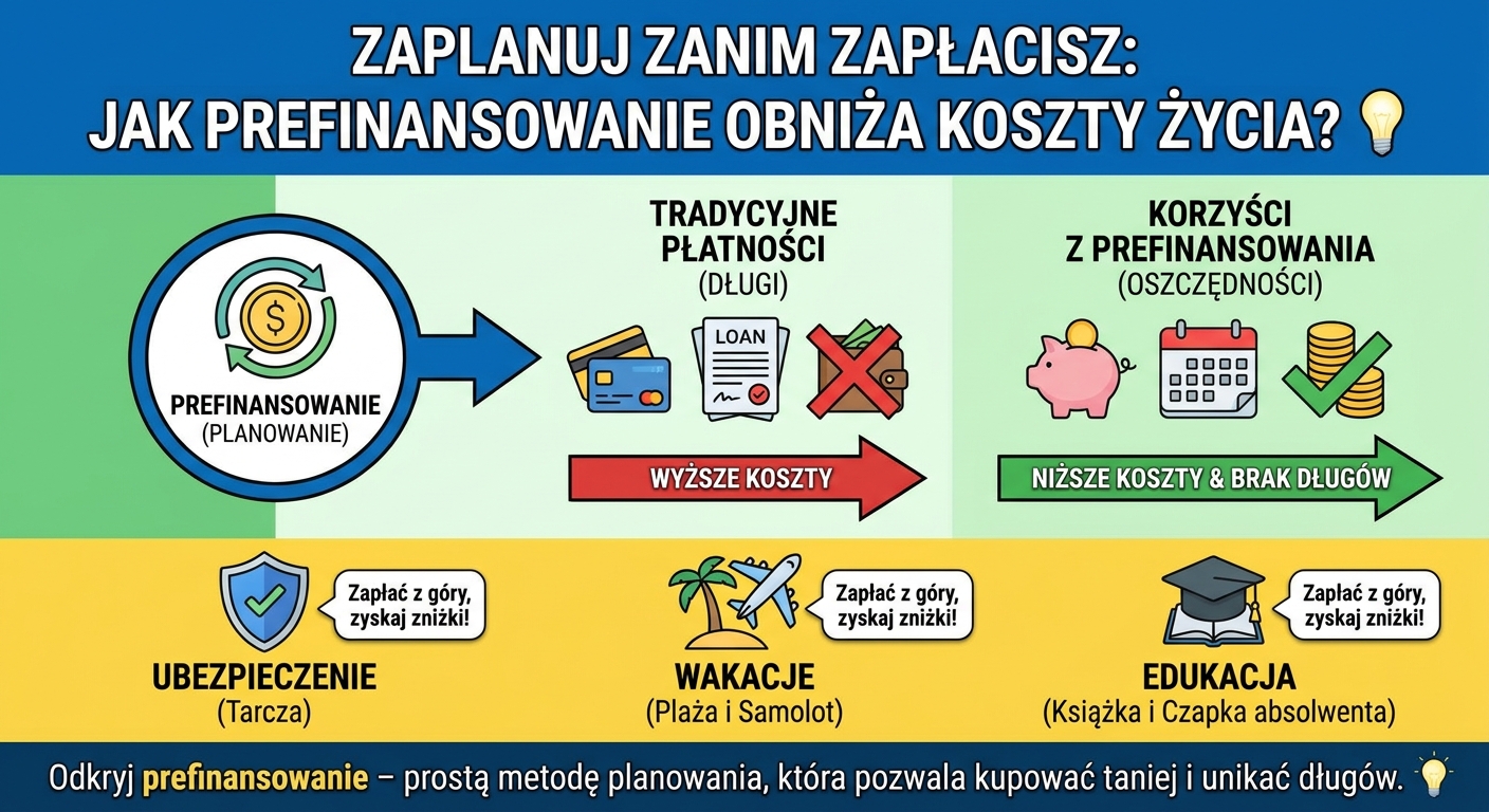 Kalendarz z zaznaczonymi przyszłymi wydatkami i skarbonką, symbolizujący planowanie finansowe i prefinansowanie.