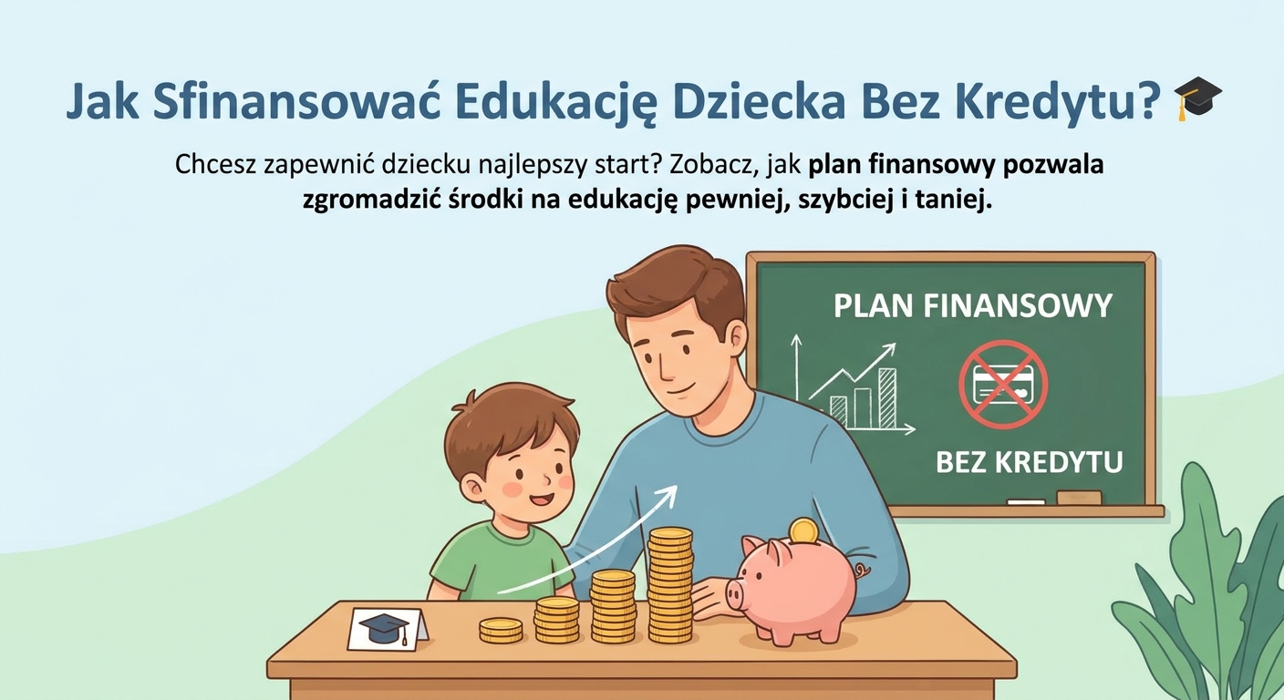 Rodzice z dzieckiem patrzą z nadzieją w przyszłość, w tle symboliczna skarbonka w kształcie czapki absolwenta.
