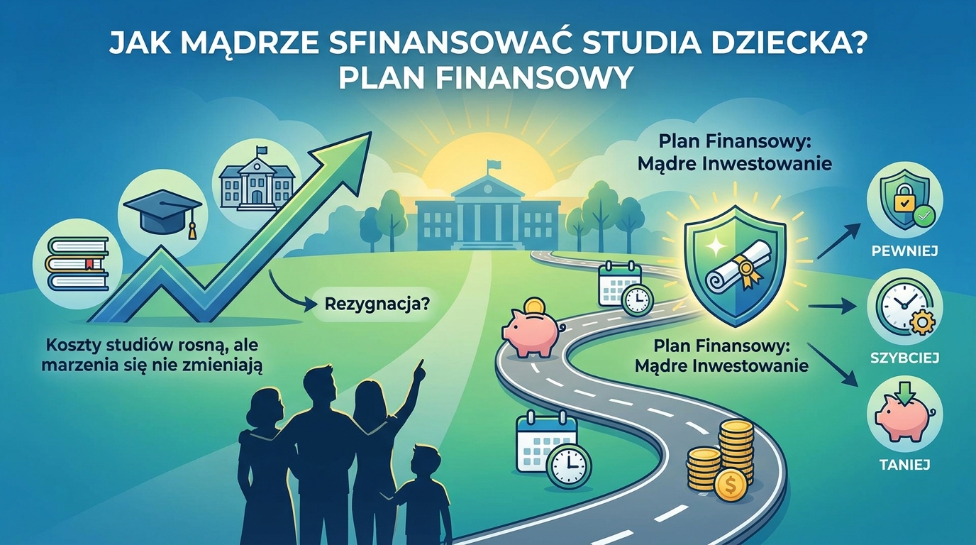 Rodzina patrząca na skarbonkę w kształcie czapki absolwenta, symbolizująca oszczędzanie na studia dziecka