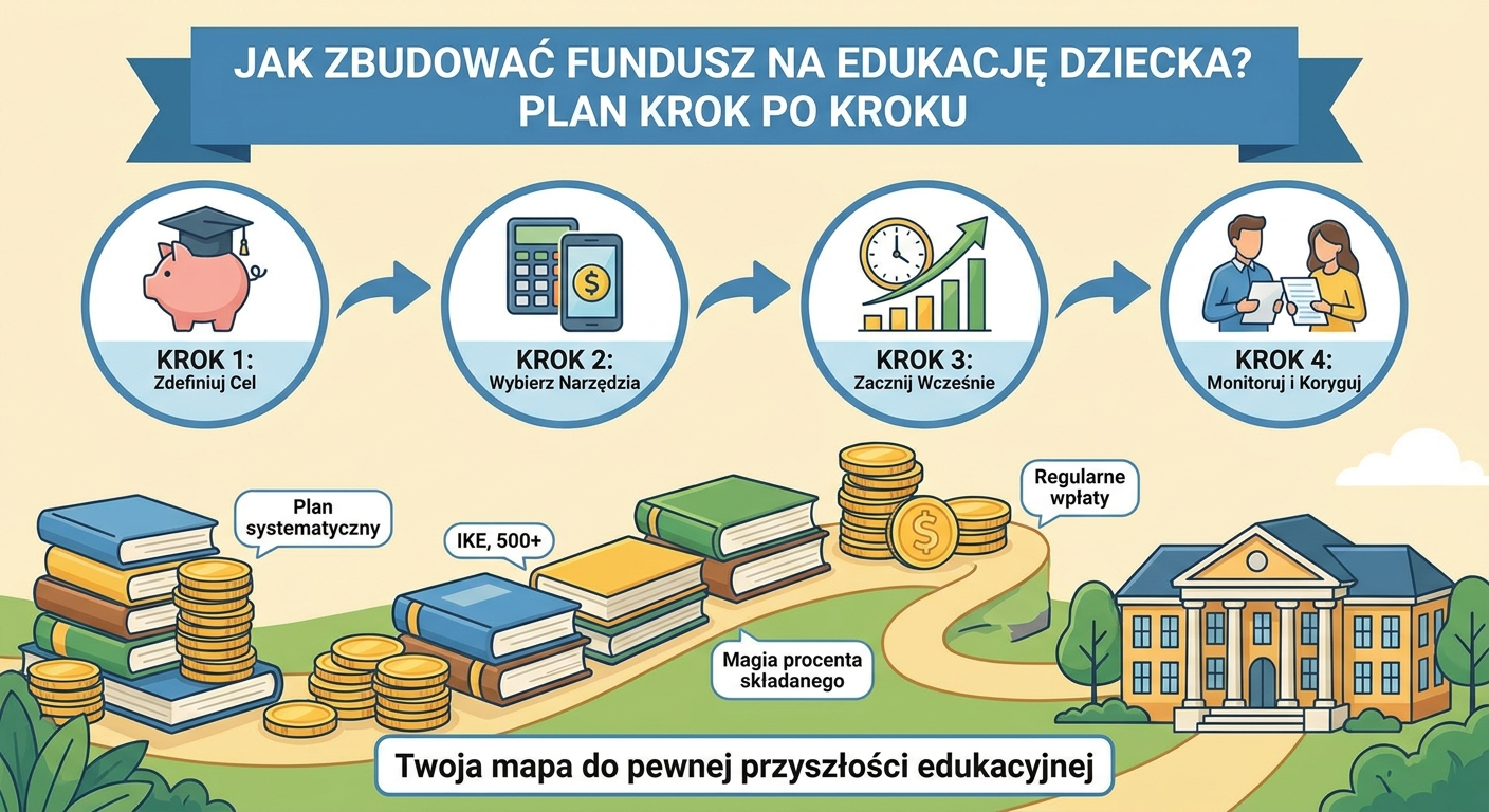 Młoda rodzina patrzą optymistycznie w przyszłość z symbolami edukacji w tle