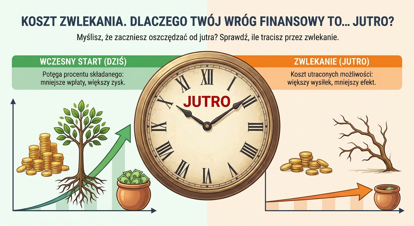 Klepsydra, w której zamiast piasku przesypują się złote monety, symbolizując upływający czas i pieniądze