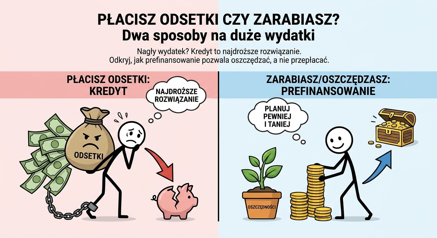 Dwie drogi prowadzące do domu - jedna prosta i słoneczna, druga kręta i burzowa, symbolizujące planowanie finansowe i jego brak.