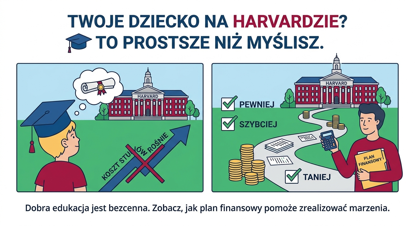 Rodzice z dzieckiem patrzą na dyplom ukończenia studiów, symbolizujący sukces osiągnięty dzięki planowaniu finansowemu.