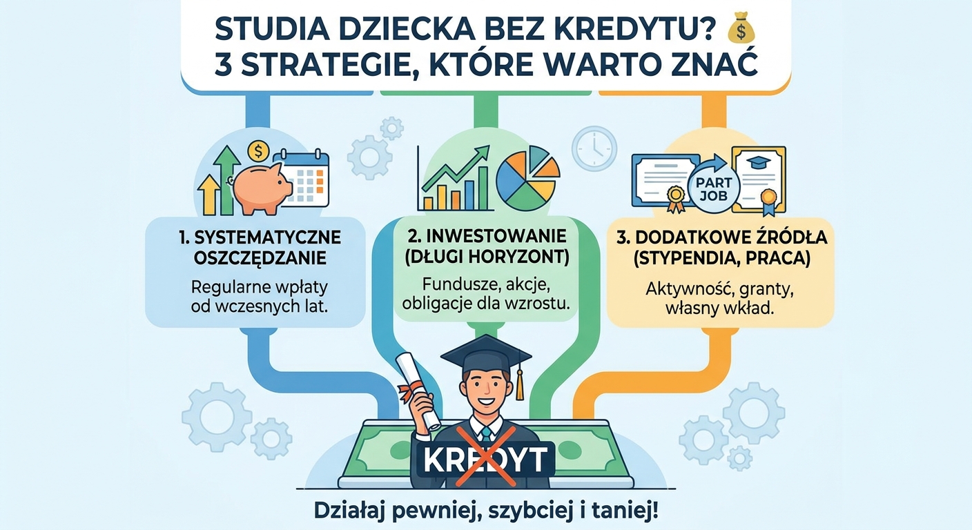 Uśmiechnięty rodzic z dzieckiem patrzący na dyplom ukończenia studiów, w tle wykresy finansowe.